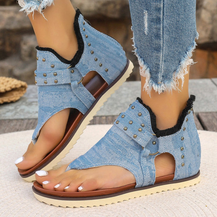 Damen nan Jeans-Bootie-Zehensandale mit weichem Schaftfutter, Nieten und profilierter Gummisohle Drune