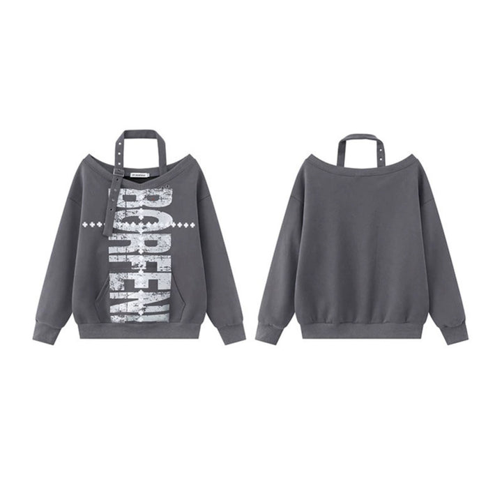 Damen Oversize-Sweatshirt mit asymmetrischem Träger, Kängurutasche und großem Lettering Drune