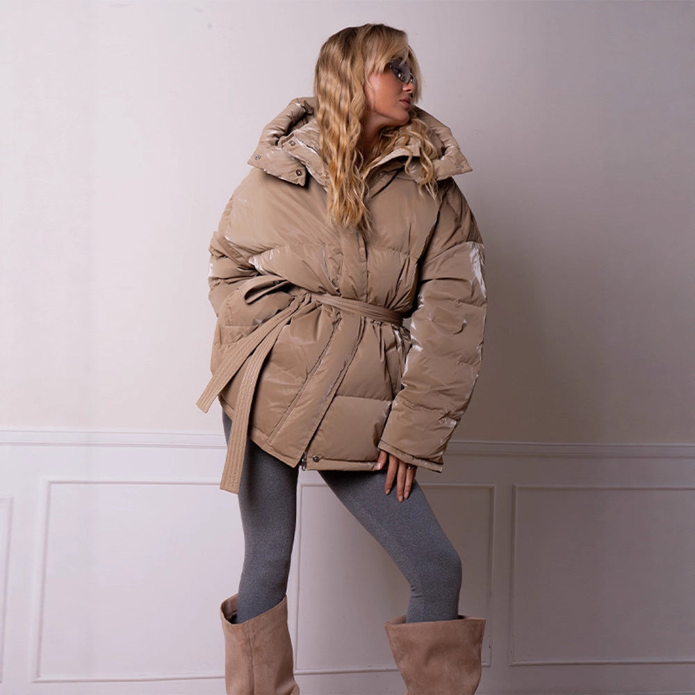 Damen wattierte Kapuzen-Steppjacke mit Taillengürtel Drune
