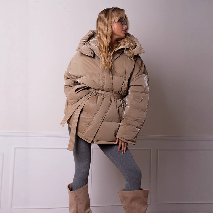 Damen wattierte Kapuzen-Steppjacke mit Taillengürtel Drune