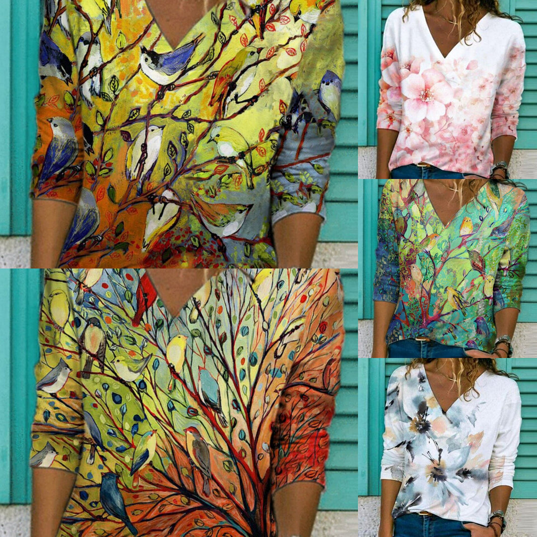Damen V-Ausschnitt Pullover mit floralem Print Drune
