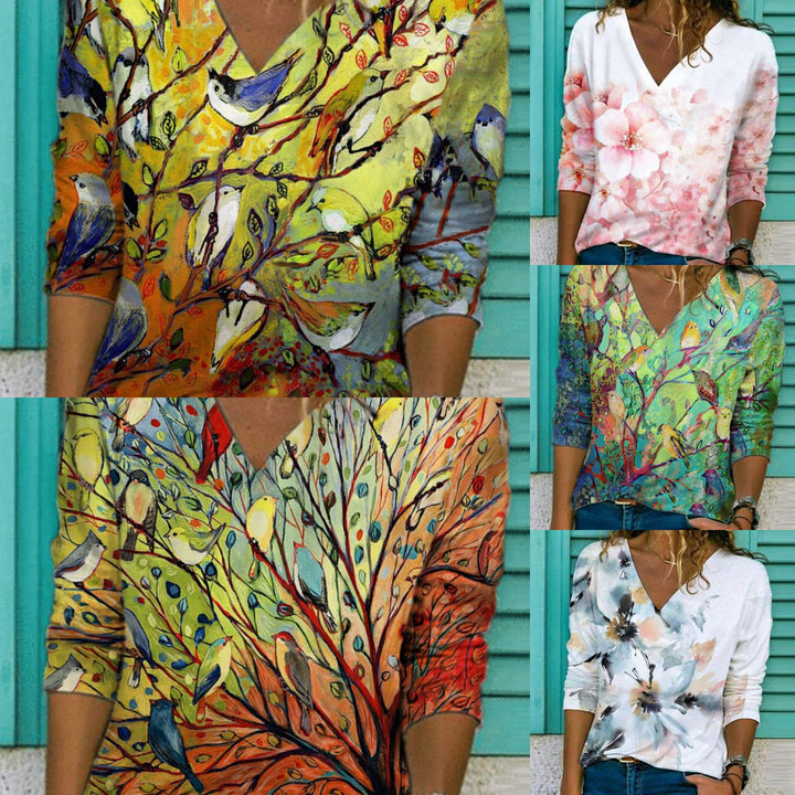 Damen V-Ausschnitt Pullover mit floralem Print Drune