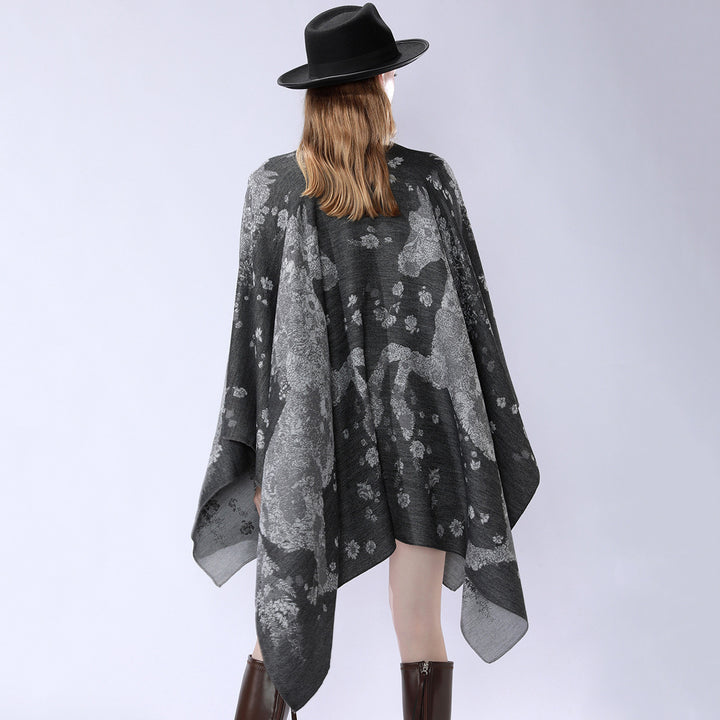 Damen Oversize-Wickelponcho im Kimono-Fall mit feinem Jacquardgewebe Drune