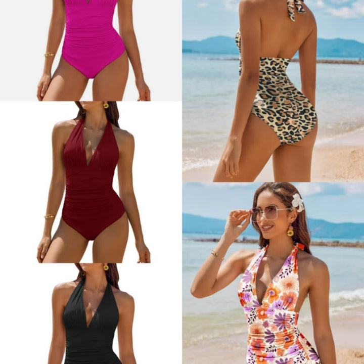 Damen Eleganter Leo-Badeanzug mit tiefem V-Ausschnitt Drune