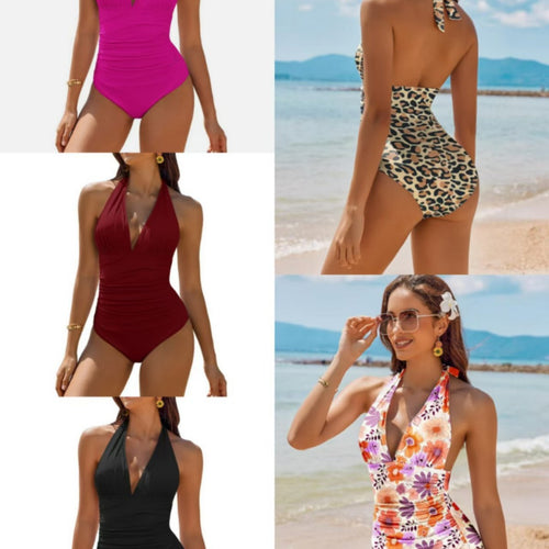 Damen Eleganter Leo-Badeanzug mit tiefem V-Ausschnitt Drune