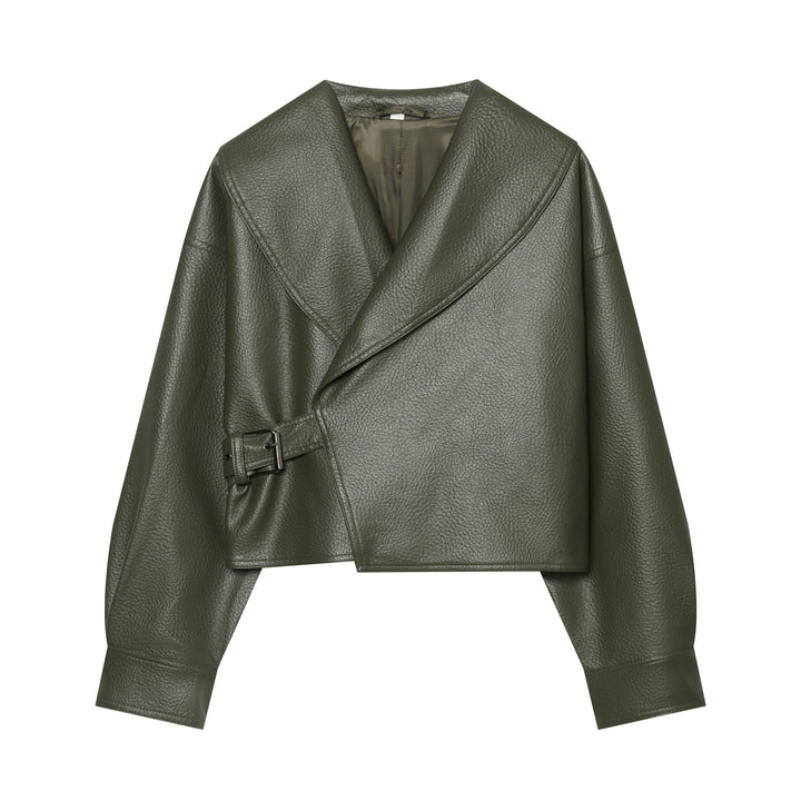 Damen Cropped Kunstlederblouson mit großem Schalkragen und Taillenband Drune