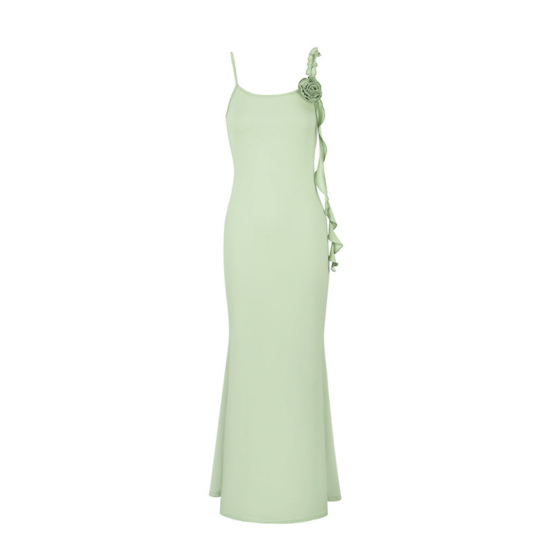 Damen Elegantes Maxikleid mit floralem Necktie und asymmetrischen Rüschen Drune