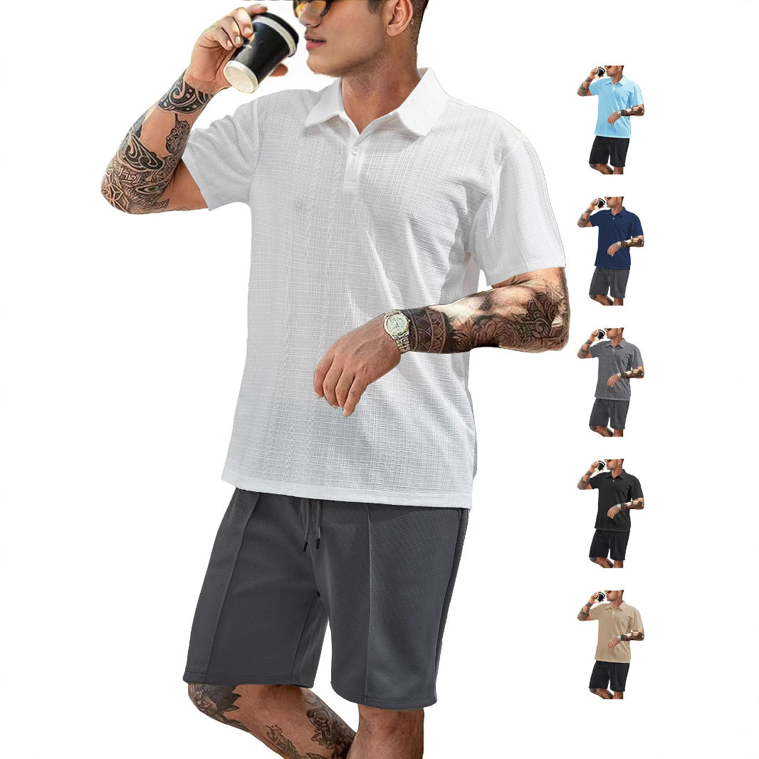 Herren nan zweiteiliges Sommer-Reise-Set mit texturiertem Kurzarm-Poloshirt und funktionalen Mesh-Shorts Drune