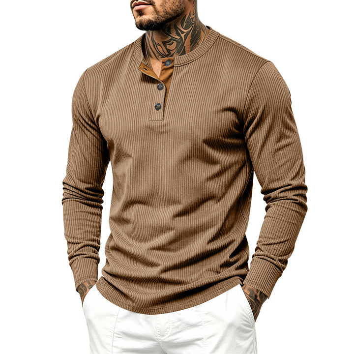 Herren Geripptes Henley-Langarmshirt aus Feinstrick mit Stehkragen und Knopfleiste Drune