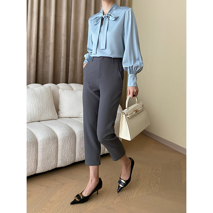 Damen Bluse mit Schleifenkragen und lässigen Puffärmeln Drune
