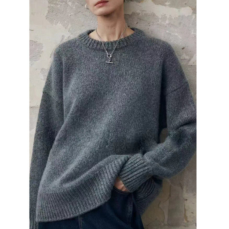 Damen Oversize-Feinstrickpullover mit Rundhals, fallender Schulter und geripptem Saum Drune
