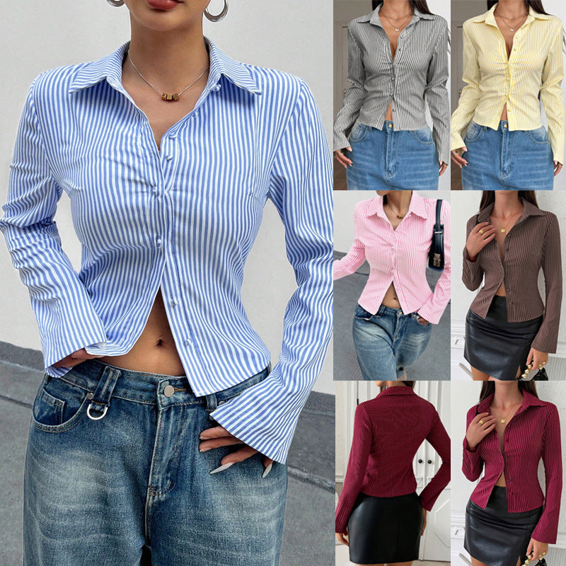 Damen Tailliertes Gestreiftes Blusenshirt mit Kentkragen Drune