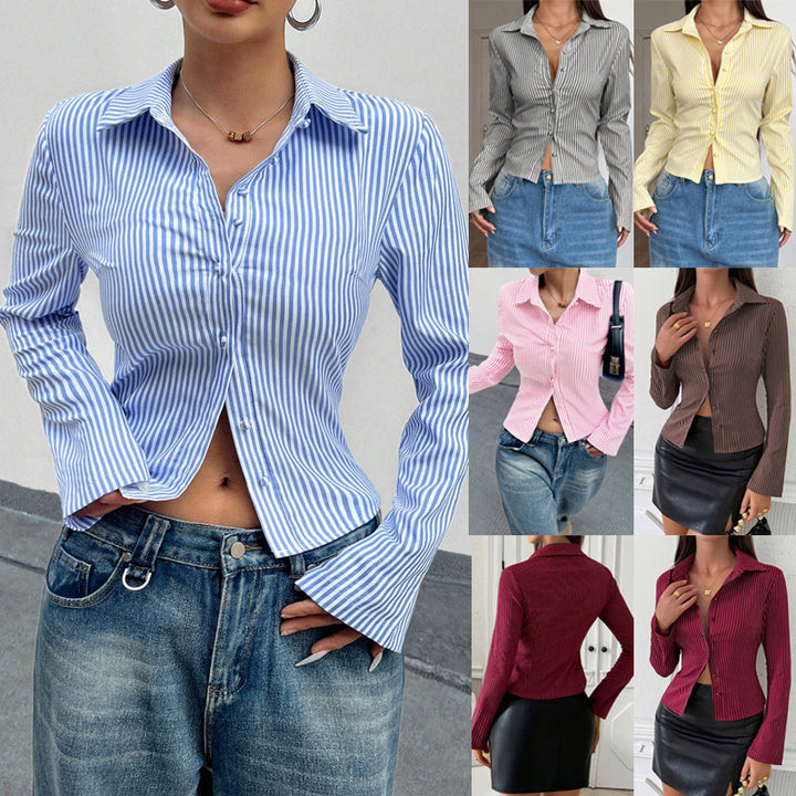 Damen Tailliertes Gestreiftes Blusenshirt mit Kentkragen Drune