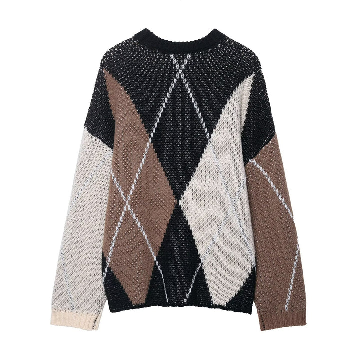 Damen 20+ Oversize Argyle Strickpullover mit Rundhalsausschnitt und grober Maschenstruktur Drune