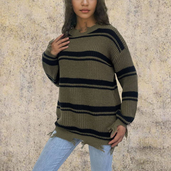 Damen lässiger Streifenpulli mit fransigen Details Drune