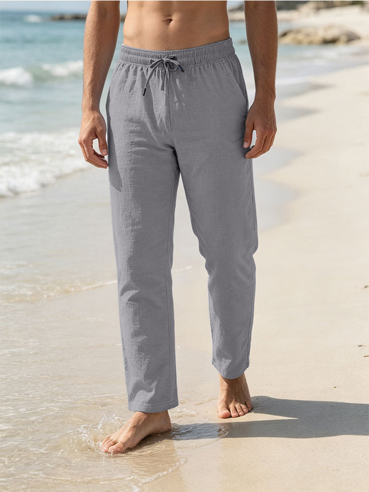 Herren Leichte Leinen-Baumwoll-Hose mit Tunnelzug, elastischem Bund und geradem Schnitt Drune