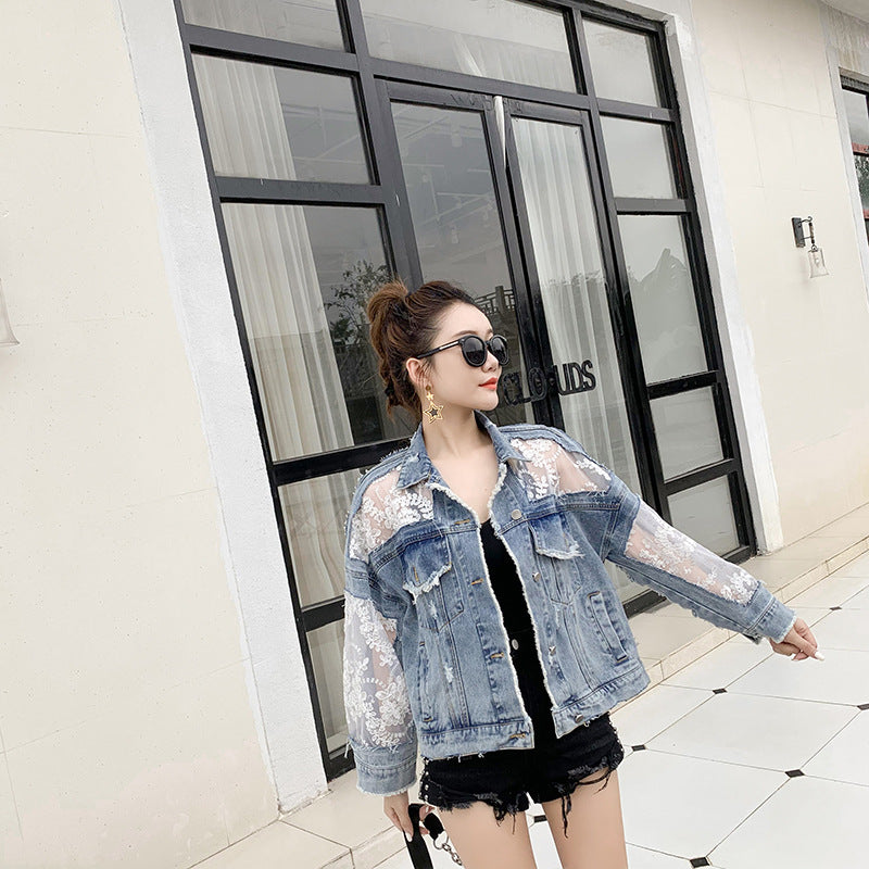 Damen Denimjacke mit transparenter Spitzenverzierung Drune