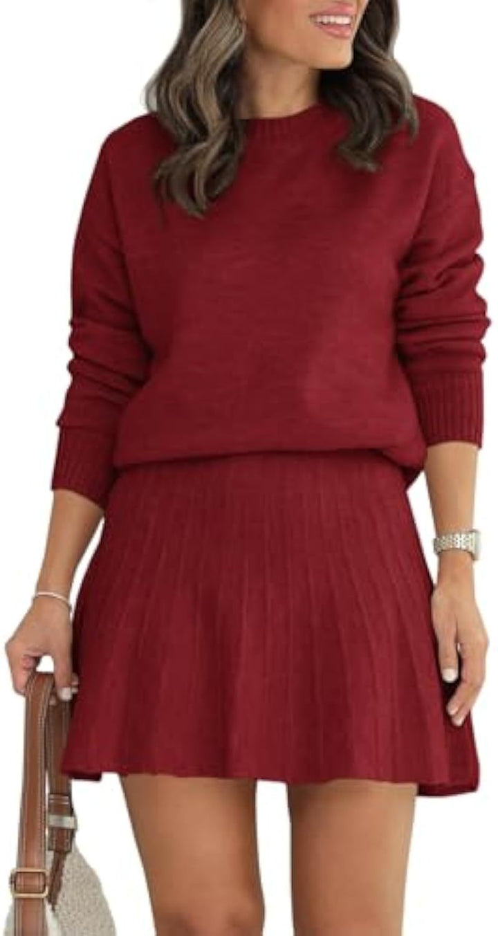 Damen Zweiteiliges Strick-Set mit Rundhals-Pullover und Plissée-Minirock Drune
