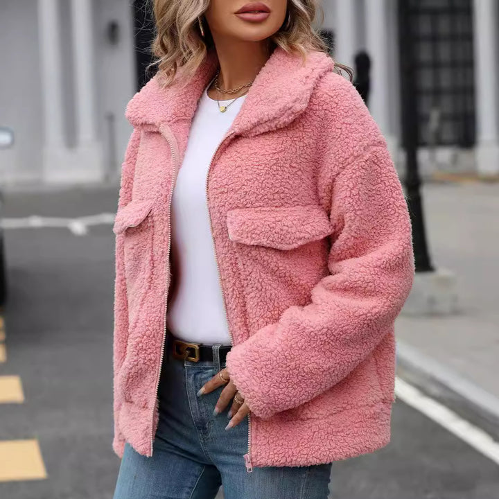 Damen Kuscheljacke mit großen Vordertaschen und Reißverschluss Drune