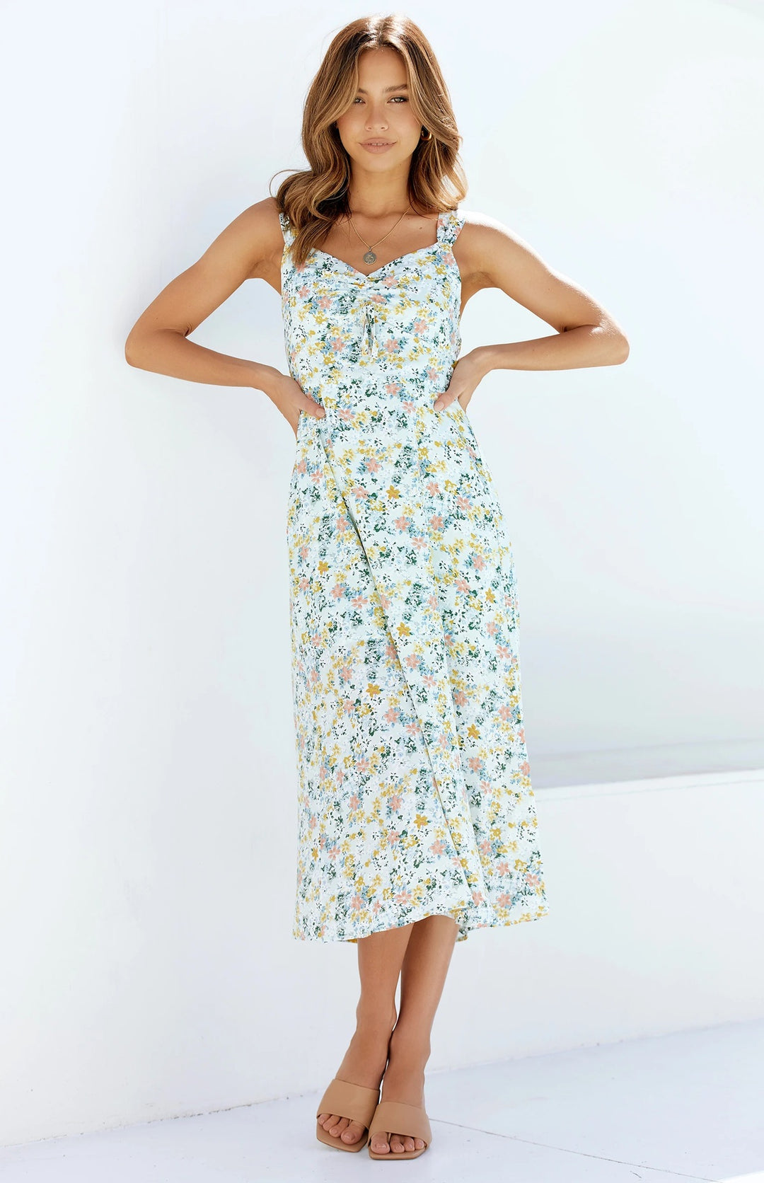 Damen Floral Sommer Midi Kleid mit verstellbaren Spaghetti-Trägern Drune