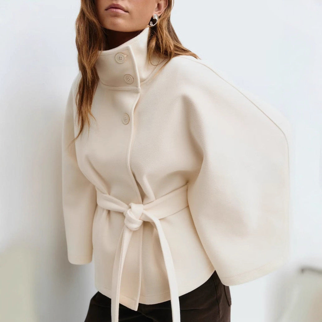 Damen elegante Umhangjacke mit hochgeschlossenem Stehkragen und schickem Gürtel Drune