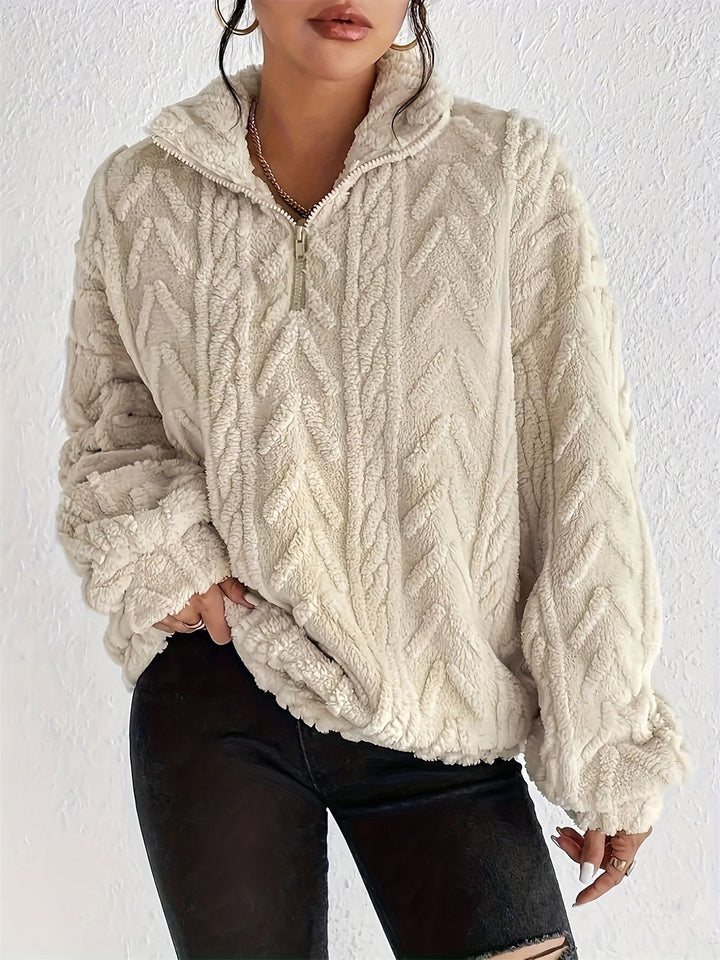 Damen gemütlicher Fleece-Pullover mit halbem Reißverschluss und strukturiertem Muster Drune