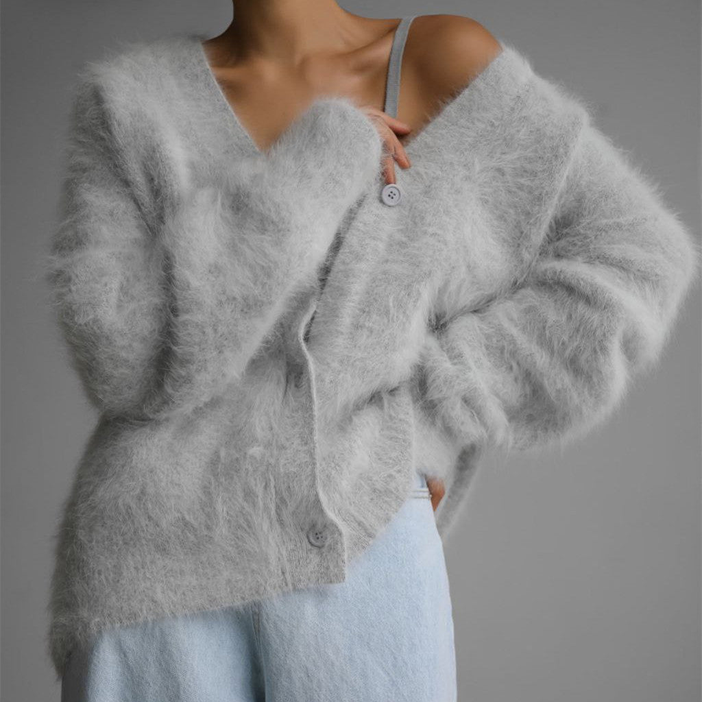 Damen Flauschiger Oversize-Knopfcardigan mit tiefem V-Ausschnitt und Eingrifftaschen Drune