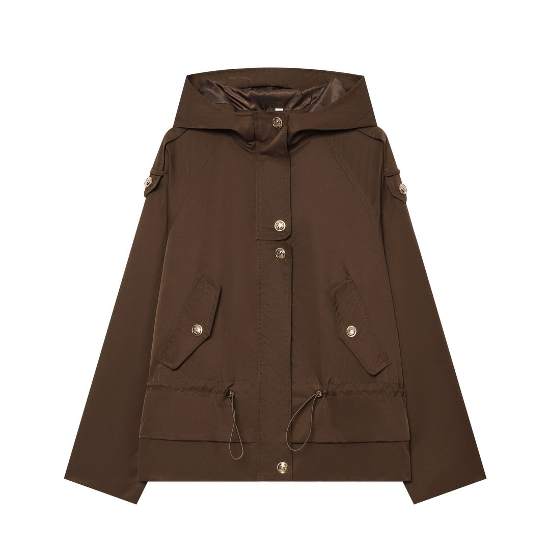 Damen leichter taillierbarer Kapuzen‑Parka mit Tunnelzug, Pattentaschen und Knopfleiste Drune