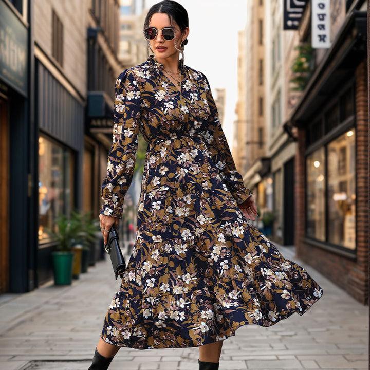 Damen Fließendes Blumen‑Midikleid mit V‑Ausschnitt, Smok‑Taillenband und Stufenrock Drune