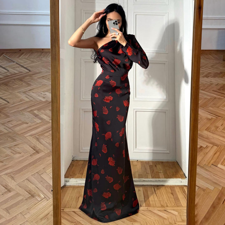 Damen Maxi-Kleid mit asymmetrischem Design und eleganten floralem Muster Drune