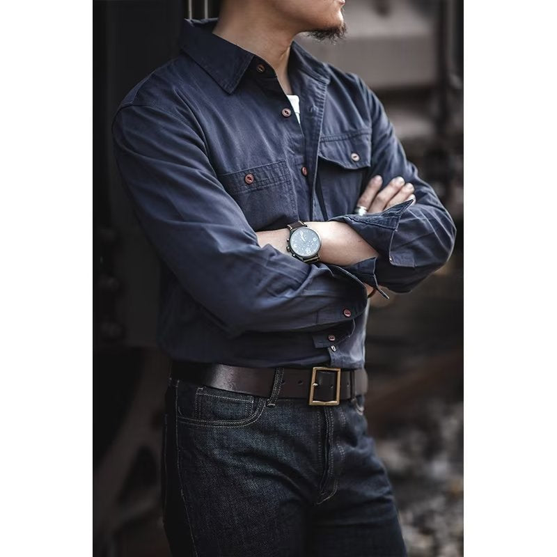 Herren Baumwoll‑Twill‑Worker‑Hemd mit Pattentaschen und kastiger Passform Drune