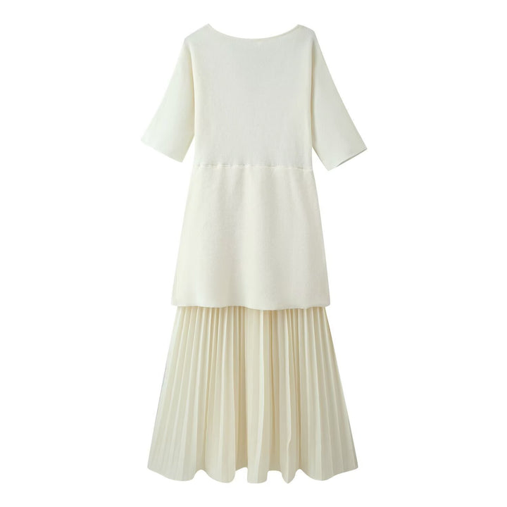 Damen plissiertes Midi-Kleid mit eleganter Knopfleiste und V-Ausschnitt Drune