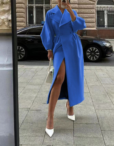 Damen nan taillierter Doppelreihiger Trenchcoat mit weitem Ärmel und hohem Beinschlitz Drune
