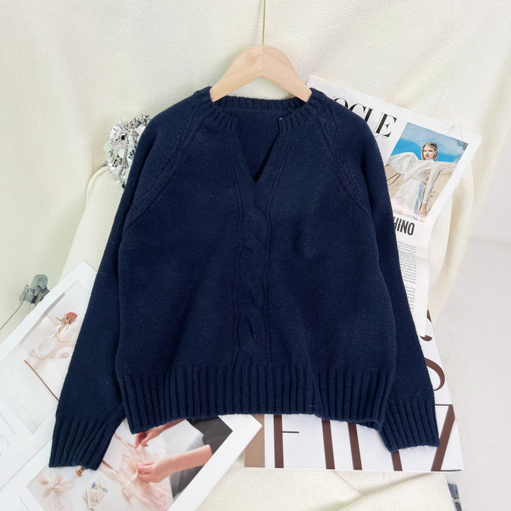 Damen Strickpullover mit tiefem V-Ausschnitt und Zopfmuster Drune