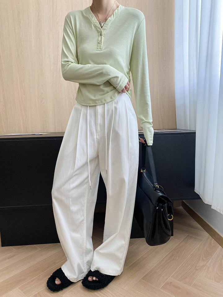 Damen Langarm-Henley-Shirt mit Knopfleiste und lockerem Schnitt Drune