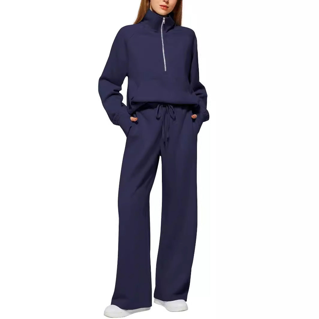 Damen nan halbzip Lounge-Set mit hohem Stehkragen, Kängurutasche und weiten Highwaist-Jogginghose Drune
