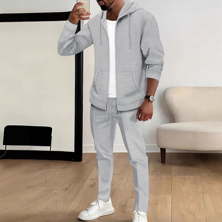 Herren nan Waffelstruktur-Jogginganzug mit Kapuzen-Zipjacke und konisch geschnittener Jogginghose Drune