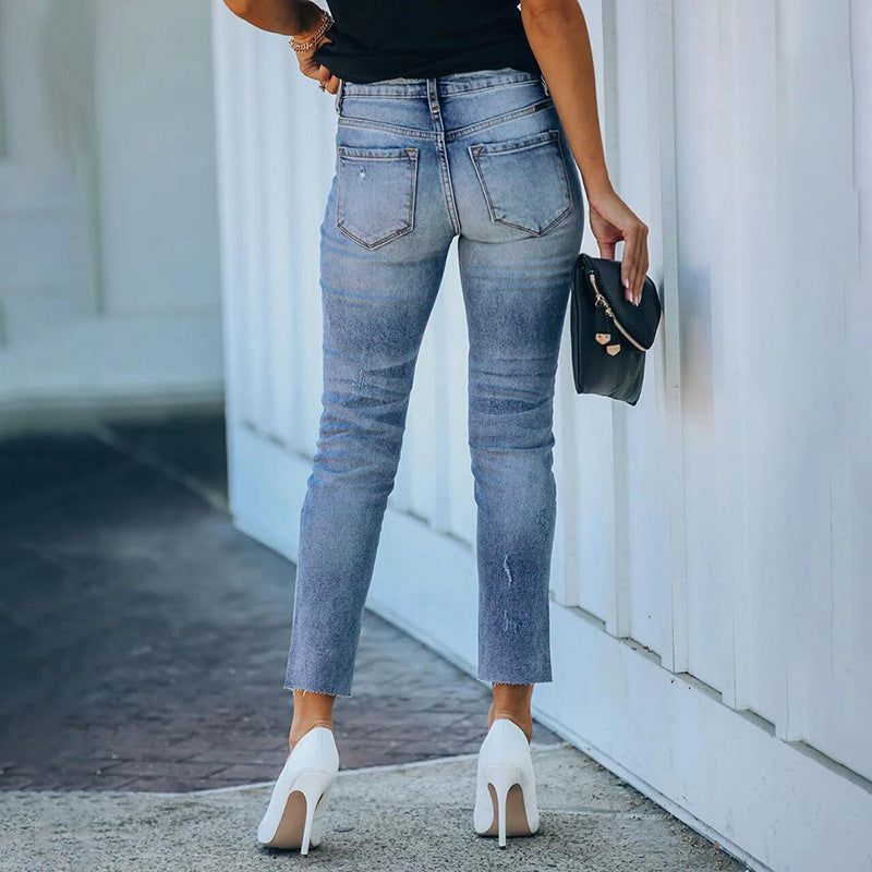 Damen Figurbetonte Hochtaillierte Knöchellange Jeans mit leicht ausgefranstem Saum Drune