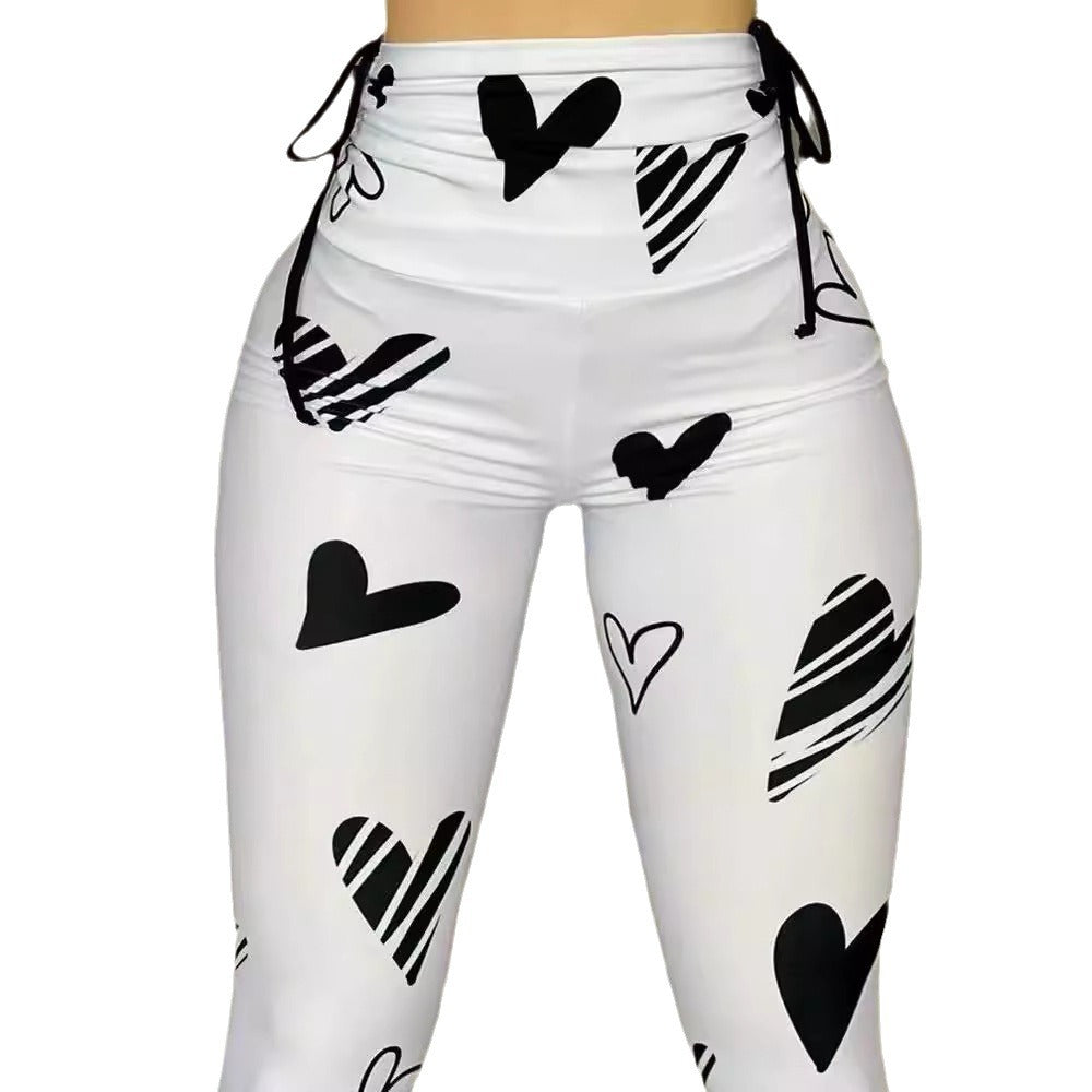 Damen Hohe Taille Leggings mit Herzmuster und Kordelzug Drune