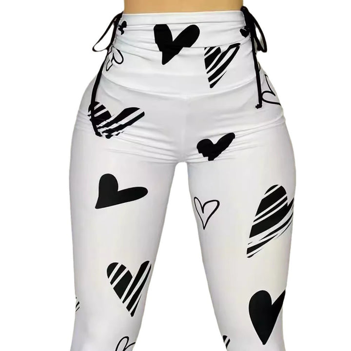 Damen Hohe Taille Leggings mit Herzmuster und Kordelzug Drune