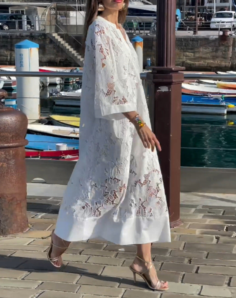 Damen nan luftiges Spitzen-Maxikleid mit floraler Ajourstickerei, lockerem Kimonoärmelschnitt und leichtem Unterkleid Drune