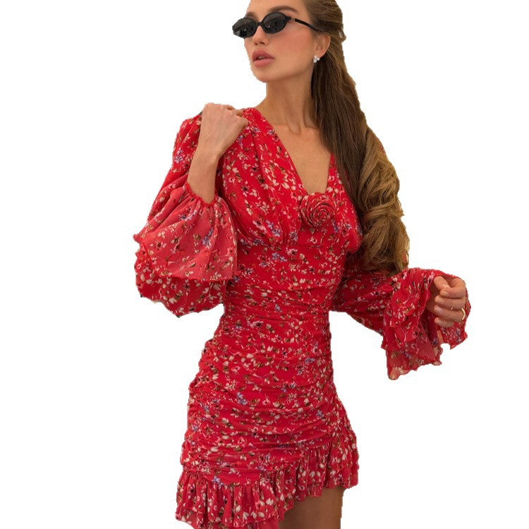 Damen Tailliertes Chiffon-Minikleid mit Blumenprint, Raffung & Volantärmeln Drune