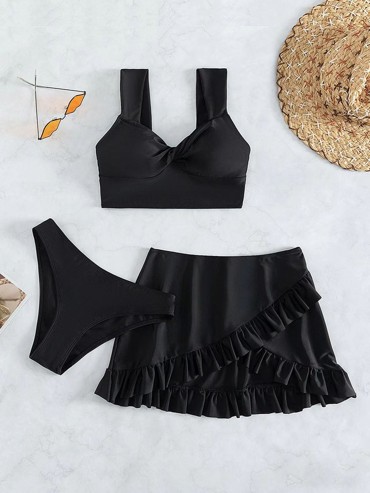 Damen Freizeit-Bikini-Set mit Wickelrock und stützenden Trägern Drune