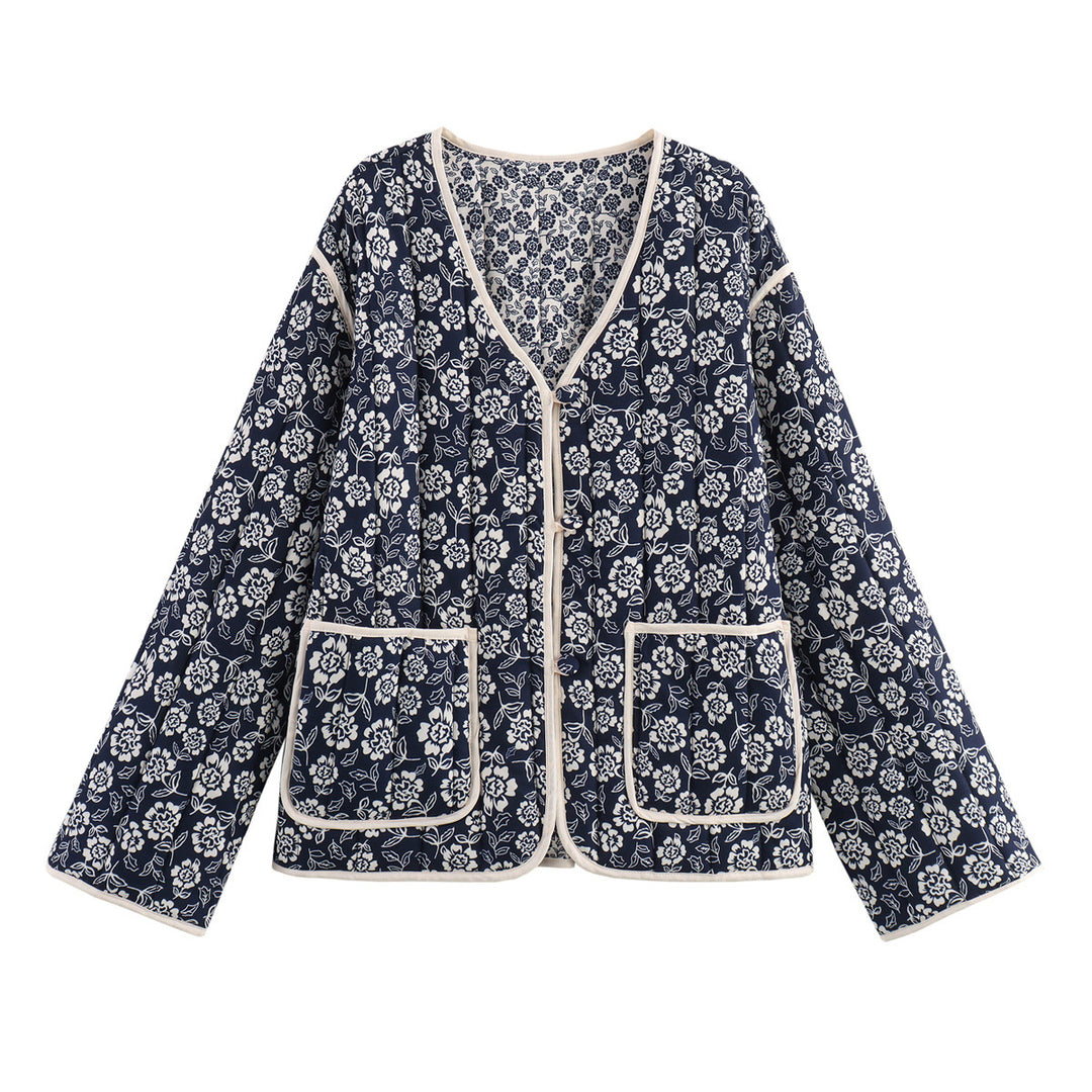 Damen nan gesteppte Kimono-Jacke mit floralem Alloverprint, V-Ausschnitt, kontrastpaspel und aufgesetzten Taschen Drune