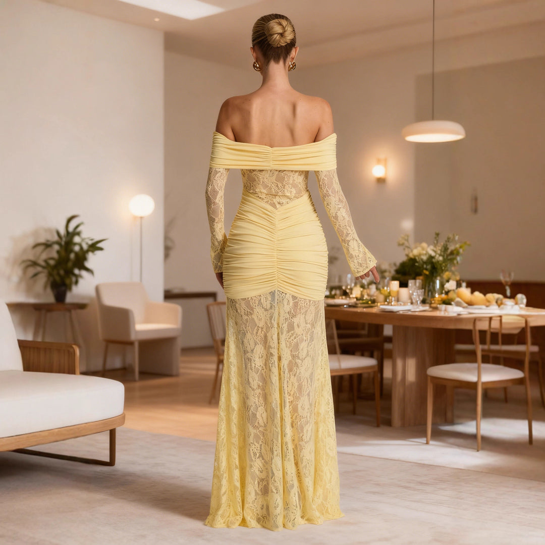 Damen Elegantes Spitzenmaxikleid mit raffinierten Rüschendetails und schulterfreien Trägern Drune