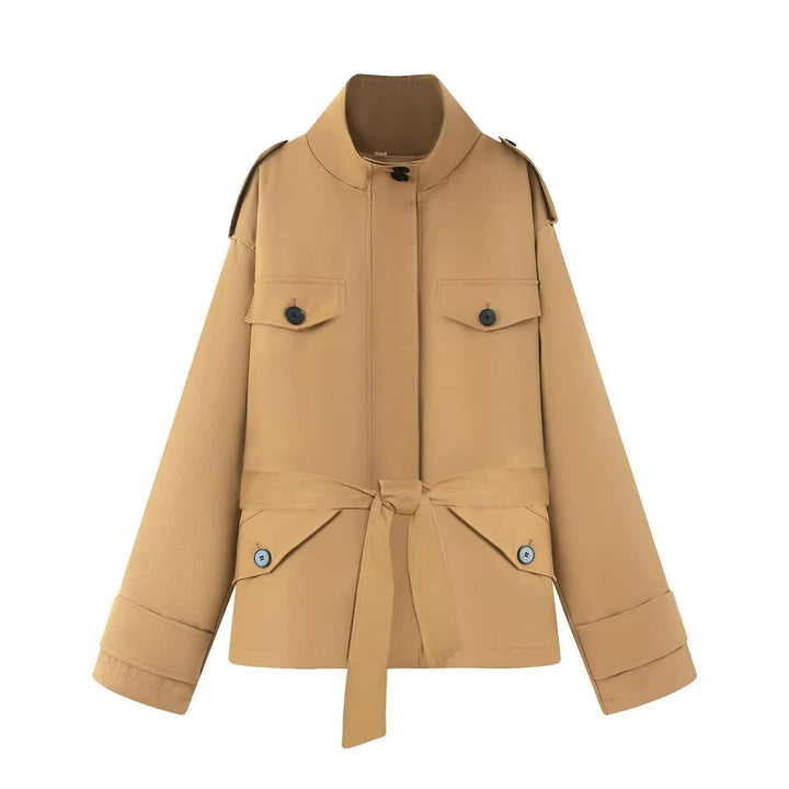 Damen nan funktionale Safari‑Jacke mit Taillengürtel, Pattentaschen und hoch geschlossenem Kragen Drune