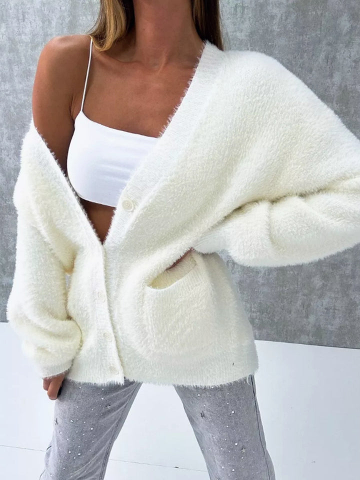 Damen Flauschiger Oversize-Cardigan mit tiefer V-Ausschnitt, Knopfleiste und Eingrifftaschen Drune
