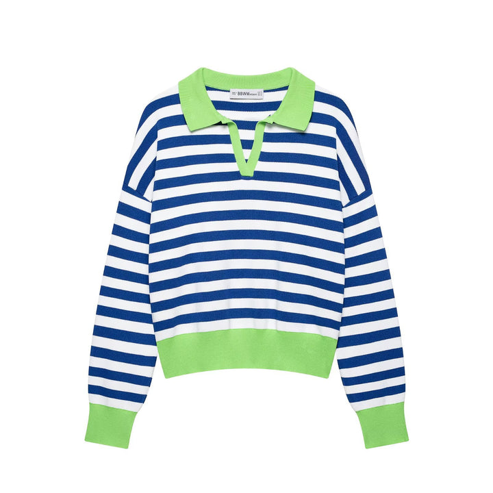 Damen Gestreifter Strickpolo-Sweater mit V-Ausschnitt und breitem Rippbund Drune