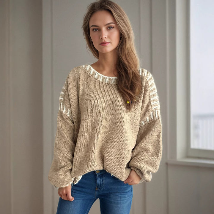 Damen Grobstrickpullover mit lässigem Schnitt und gestreiften Ärmeln Drune