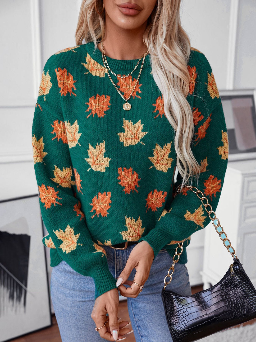 Drune Maple Leaf Jacquard Freizeit Pullover Sweater